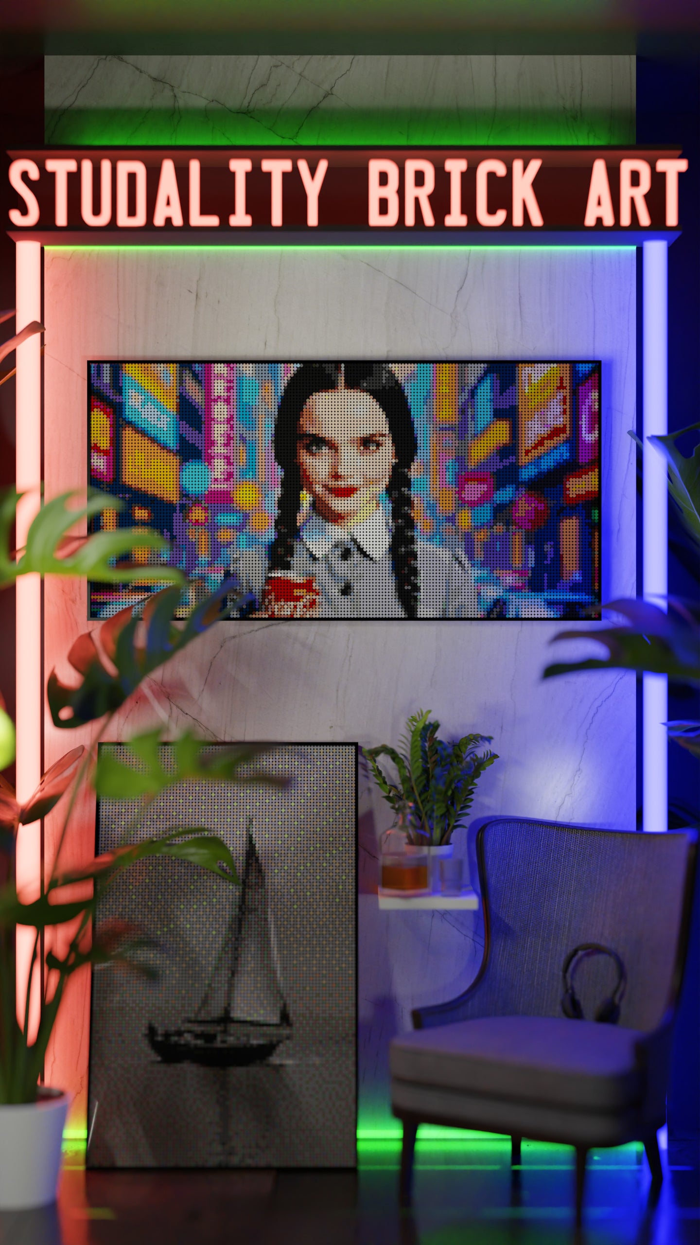 Wednesday Addams LEGO® Style mosaic wall art made from colorful plastic bricks